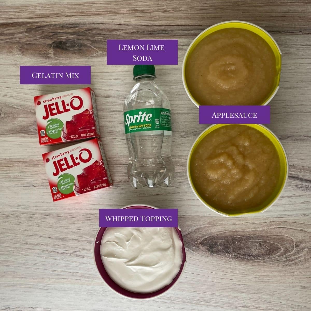 labeled picture of the ingredients for applesauce jello recipe