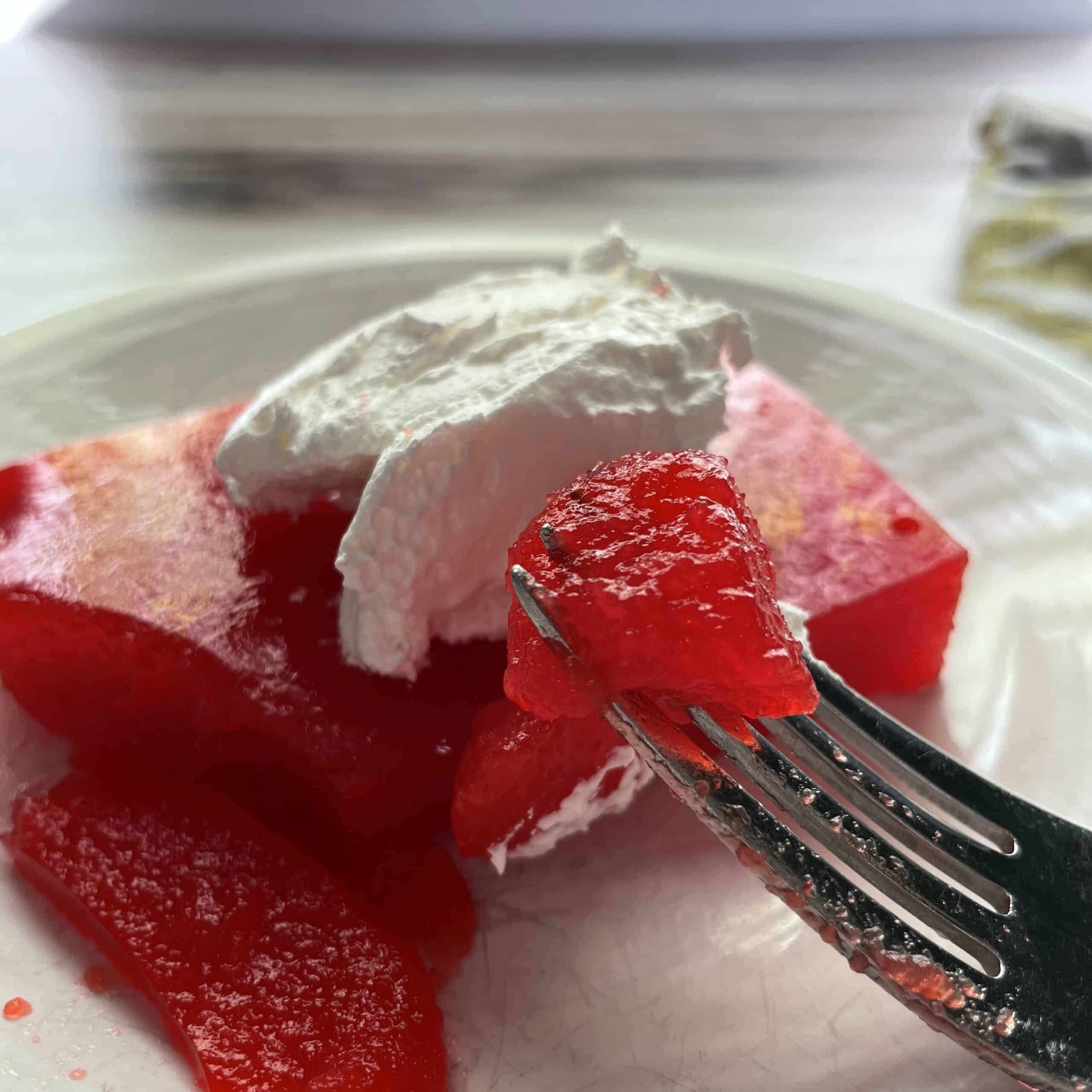 Red gelatin dessert on fork