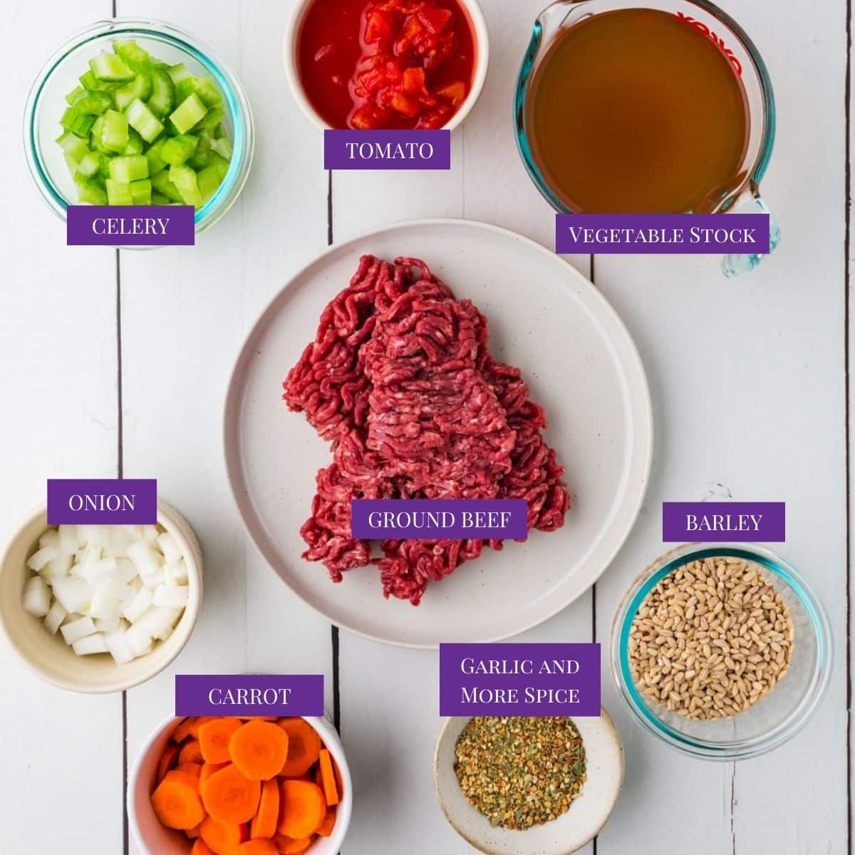 Close up of Beef Barley Soup ingredients