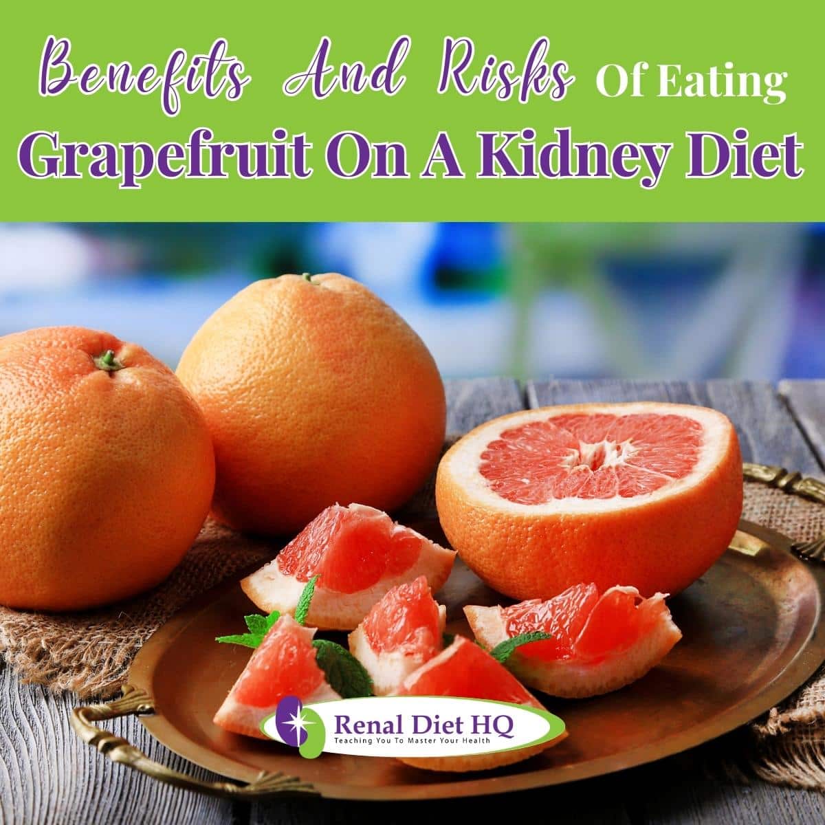 Ripe grapefruits on tray on wooden table.