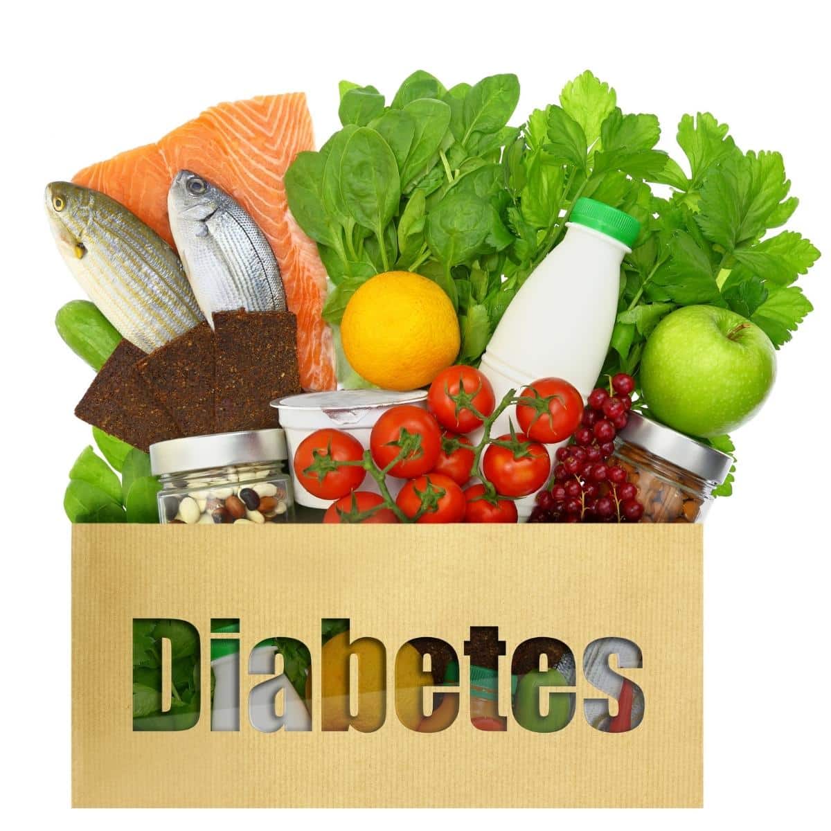 Renal Diabetic Diet: The 3 Ways To Control It Better Paper bag with the word diabetes filled with healthy foods.