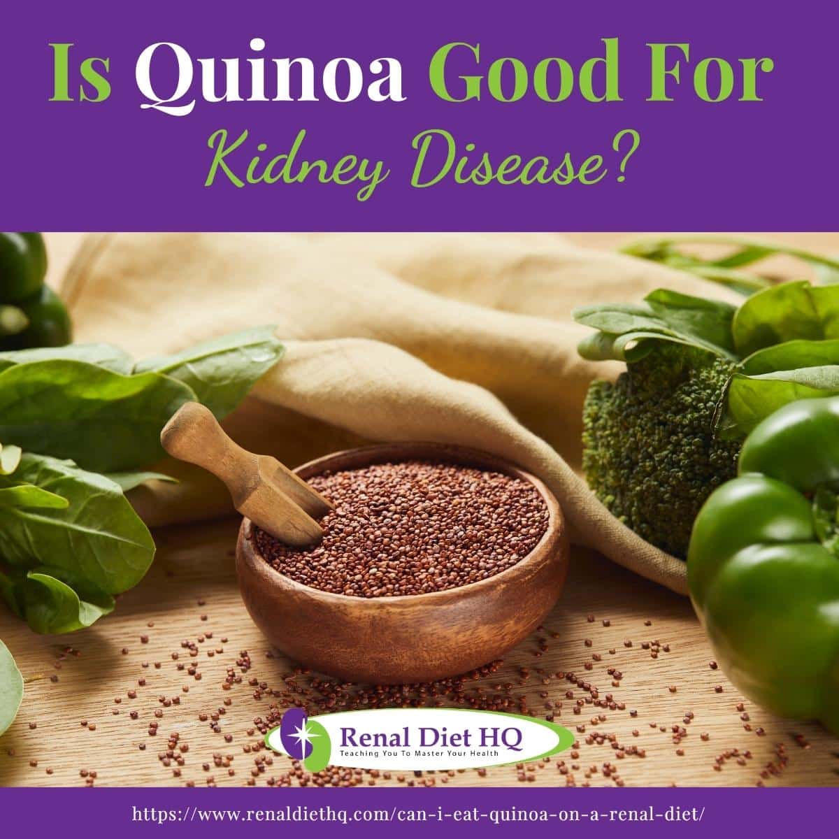 Red quinoa in wooden bowl with spatula near beige napkin and green vegetables