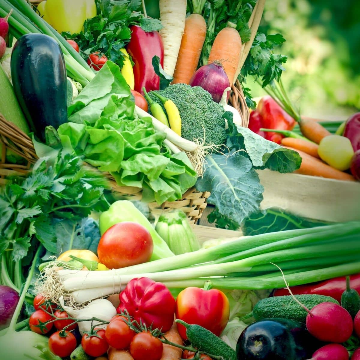  Fresh organic vegetables in wicker basket