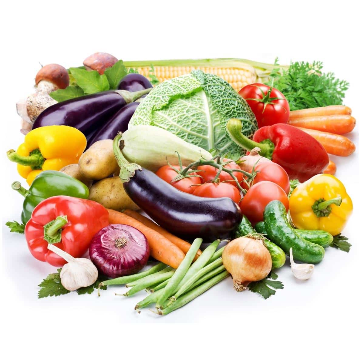 Wicker basket with assorted raw organic vegetables.