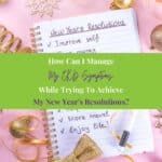 new year resolutions checklist on a pink background with gold ornaments and christmas decorations