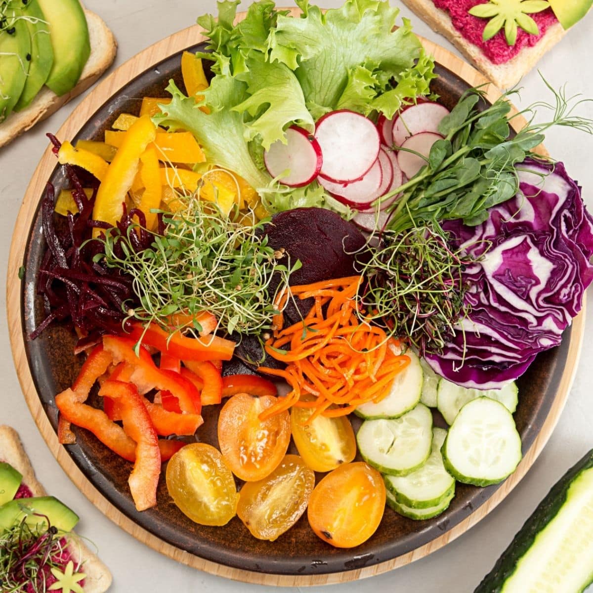 Healthy breakfast salad and toasts with vegetables