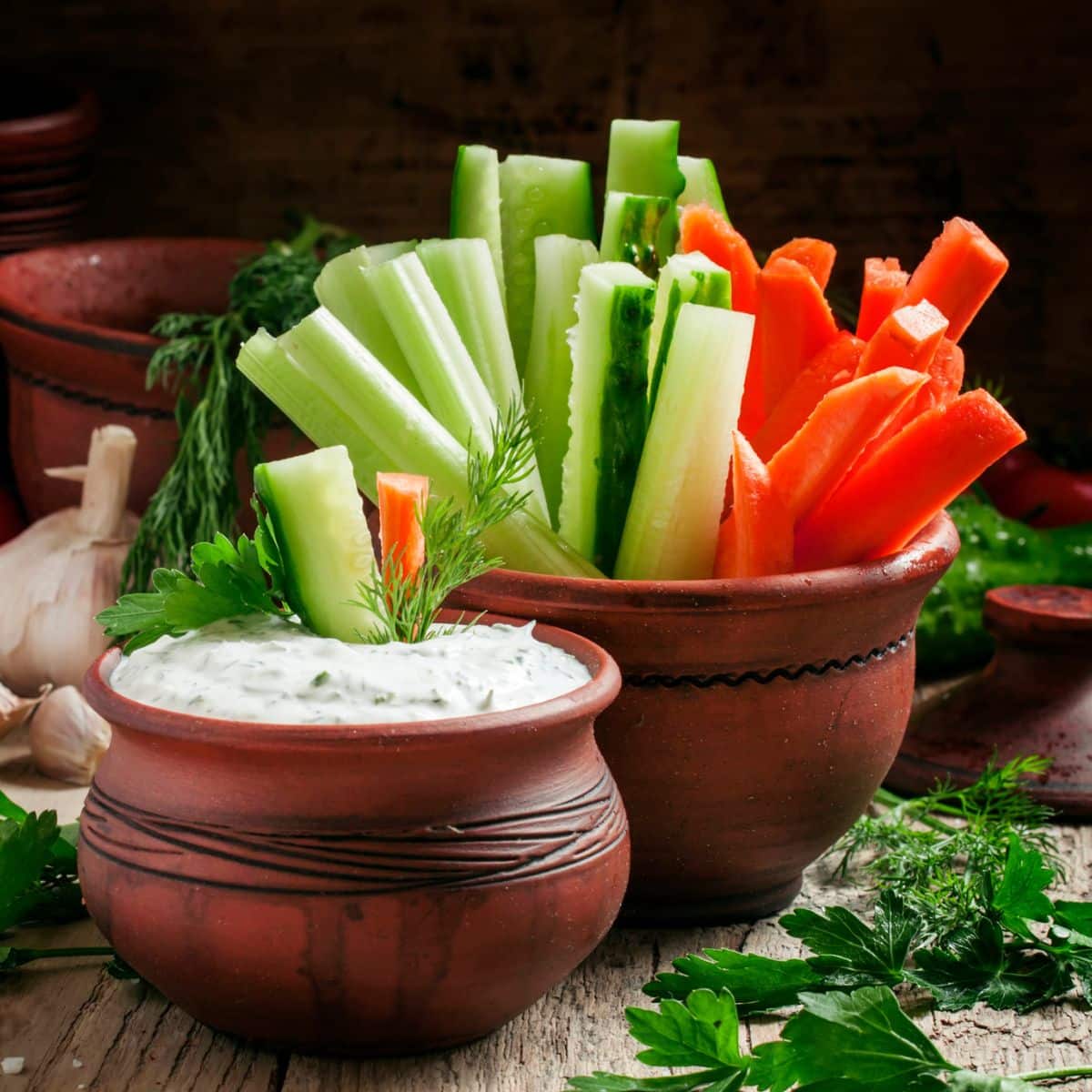 Healthy Vegetables Snacks - Fresh sticks carrots, celery, cucumber and white sauce with herbs