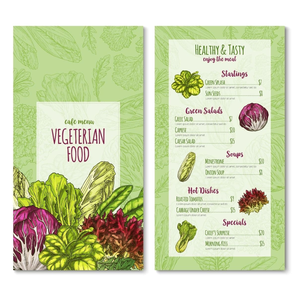 Vector vegetairan cafe menu sketch salad vegetables