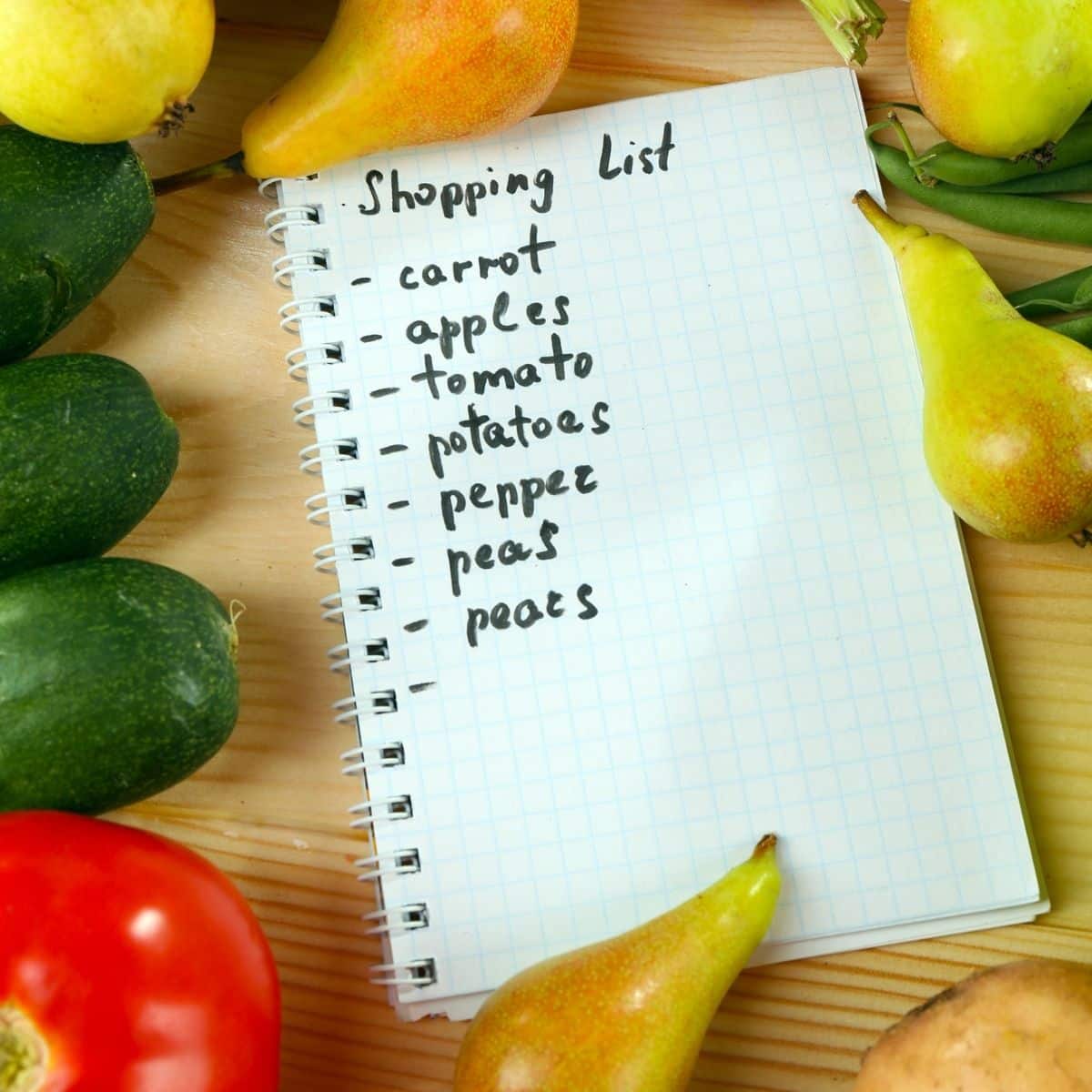 Fruits and vegetables with shopping list