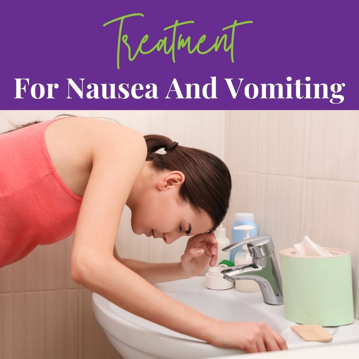 Young vomiting woman near sink in bathroom