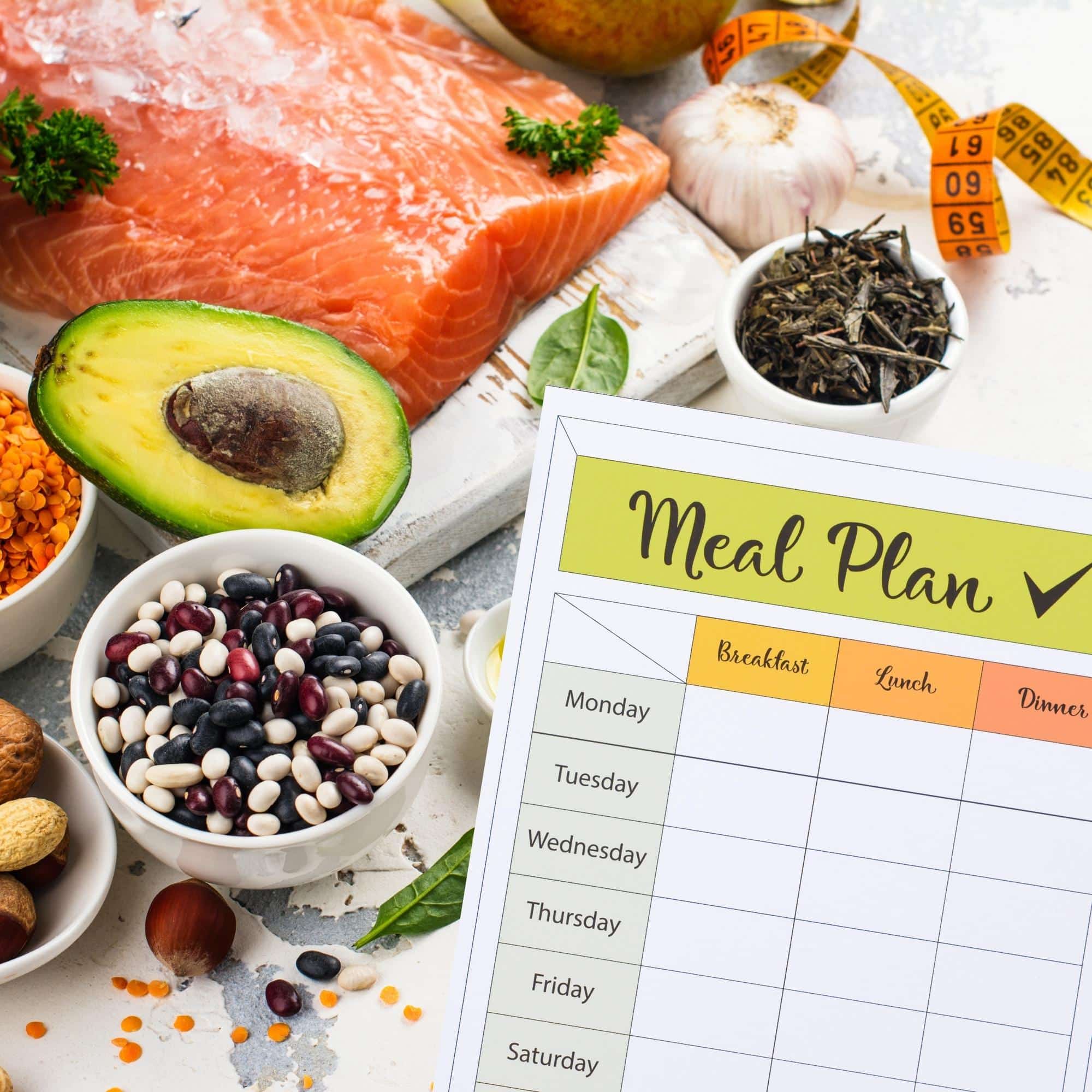 Daily Meal Plan To Lower Cholesterol Meal plan sheet with Avocado, Salmon, and Beans.