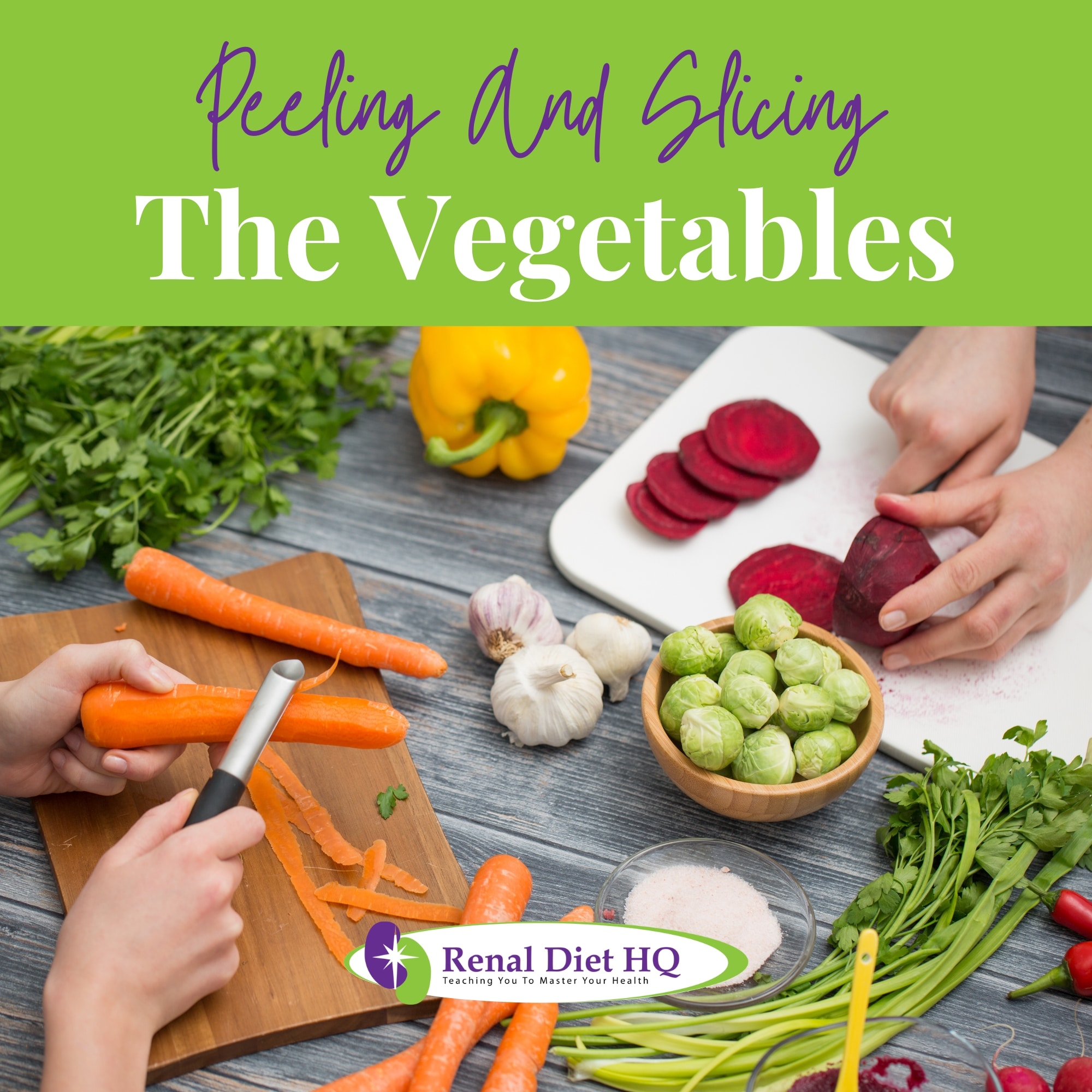  People Peeling and cutting vegetables on a cutting board