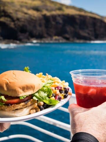 a person holding a plate with a hamburger and a drink