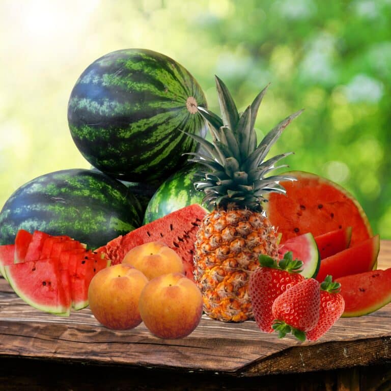 Watermelon, Peaches, Pineapple and straberries