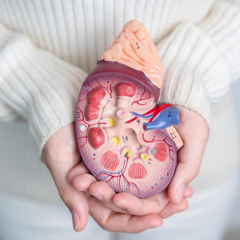 woman holding Anatomical human kidney Adrenal gland model.