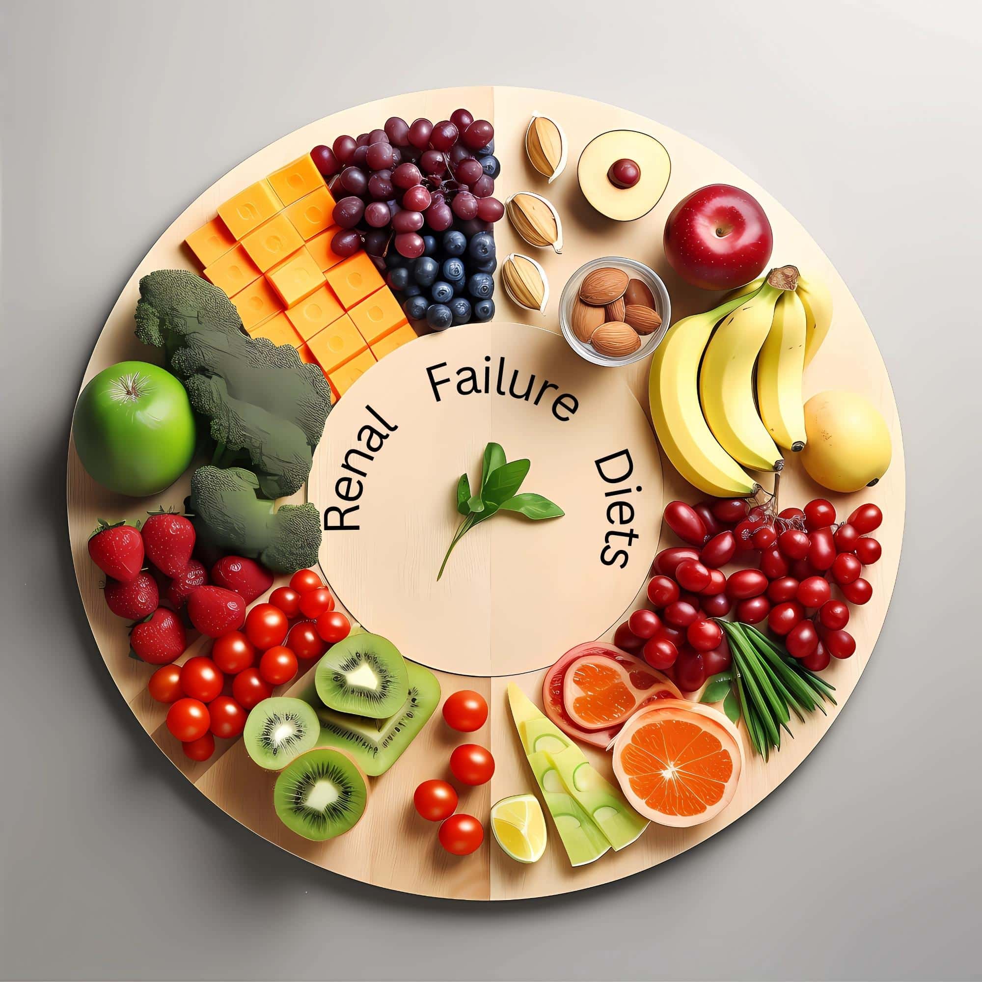 a circular plate with various fruits and vegetables arranged in a circle