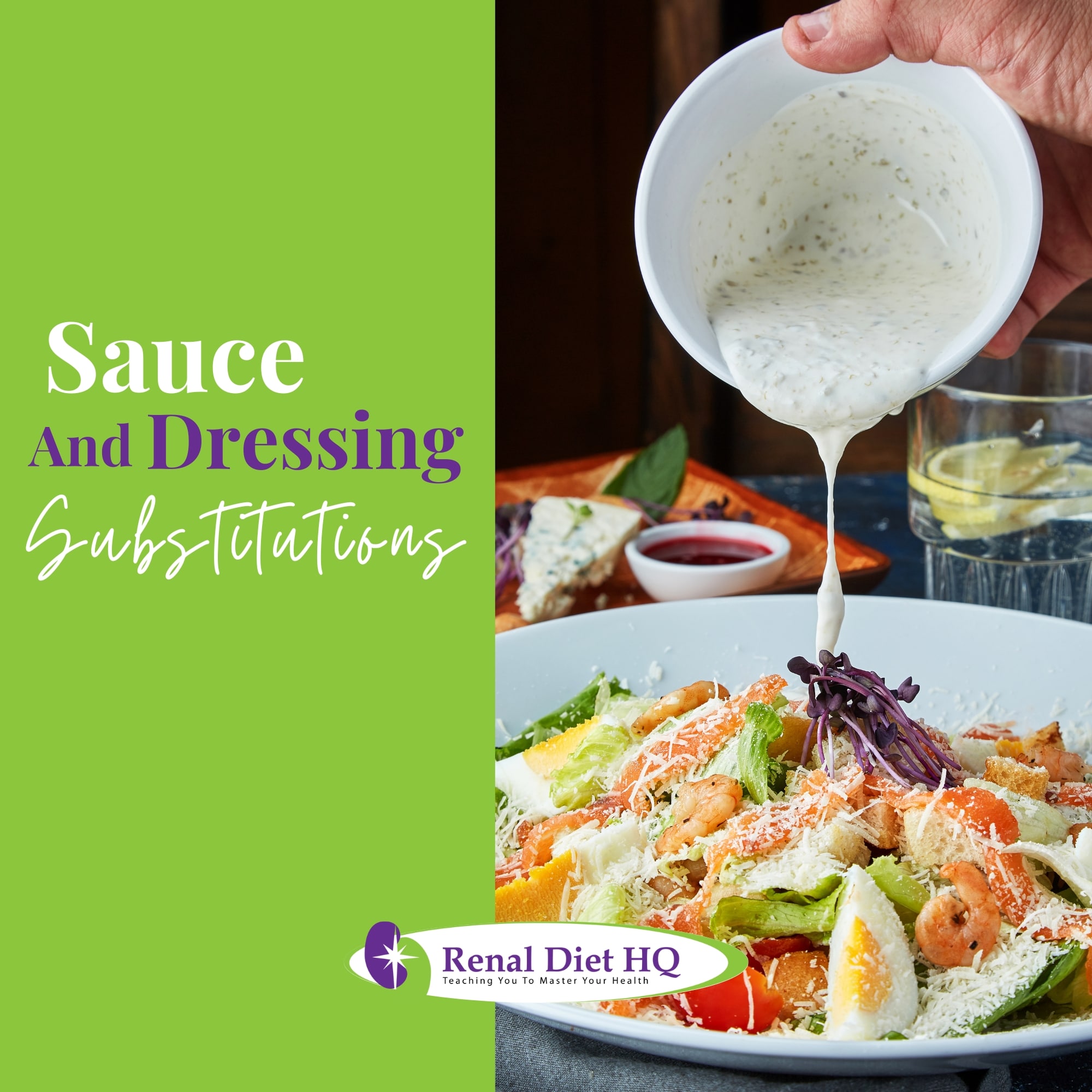 Hand pouring sauce into the salad. Seafood Salad with Cheese. Salmon salad with shrimps. Seasoning salad dressing