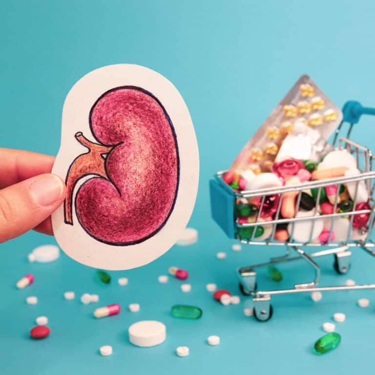 a hand holding a sticker of a kidney and a shopping cart full of pills