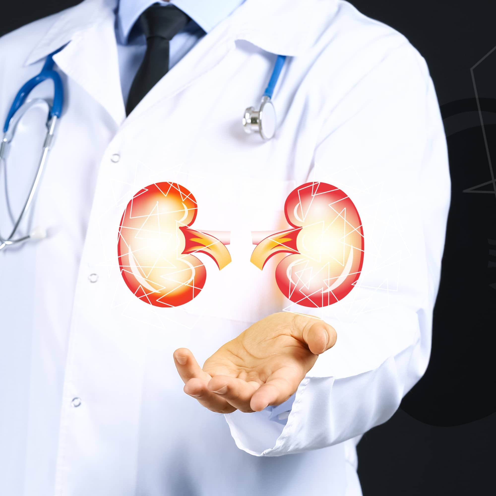 Doctor and Kidneys on Virtual Screen against Black Background