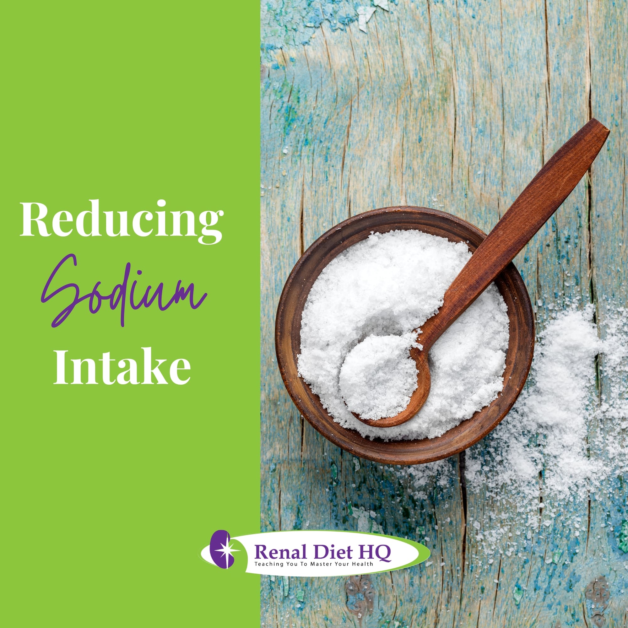 salt in a bowl and wooden spoon on a rustic wooden background