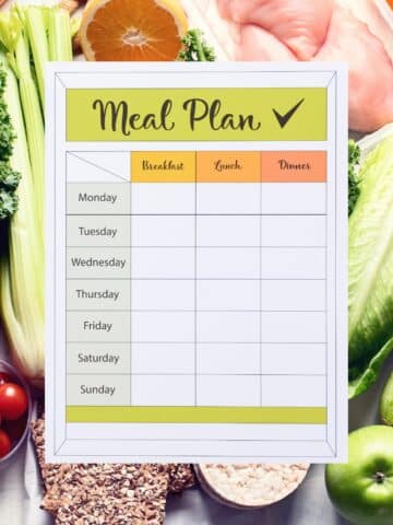 an assortment of fruits, vegetables, and meat and Meal Plan sheet.