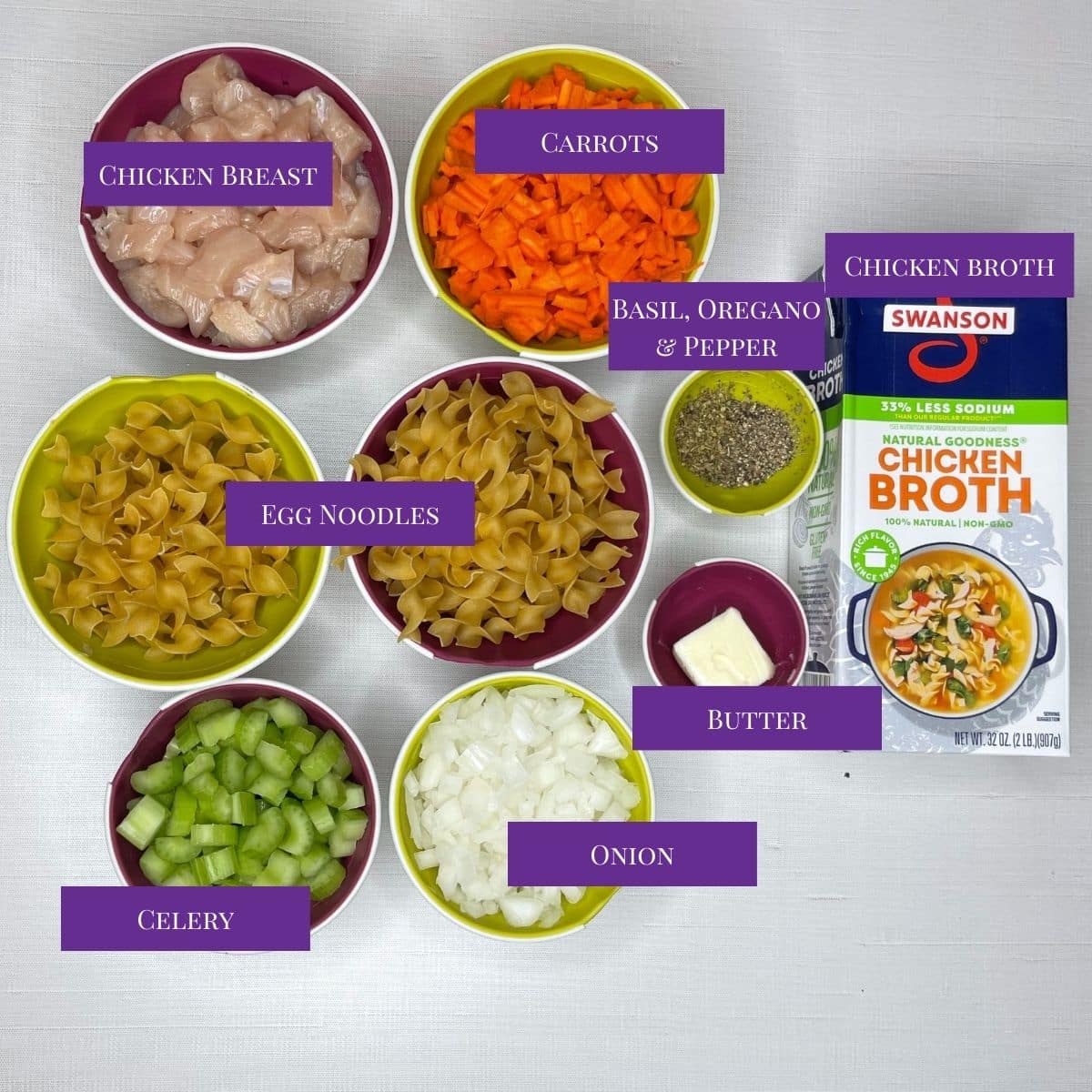 close up of Low Sodium Chicken Noodle Soup Recipe Ingredients