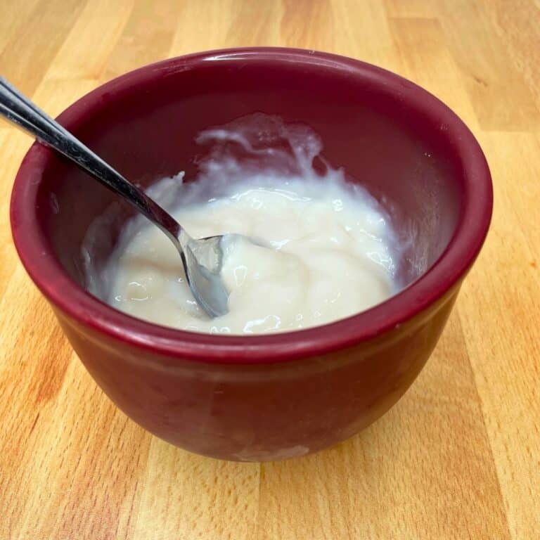 Dairy free pudding mix is in a red bowl with a metal spoon. Ready to serve and enjoy.
