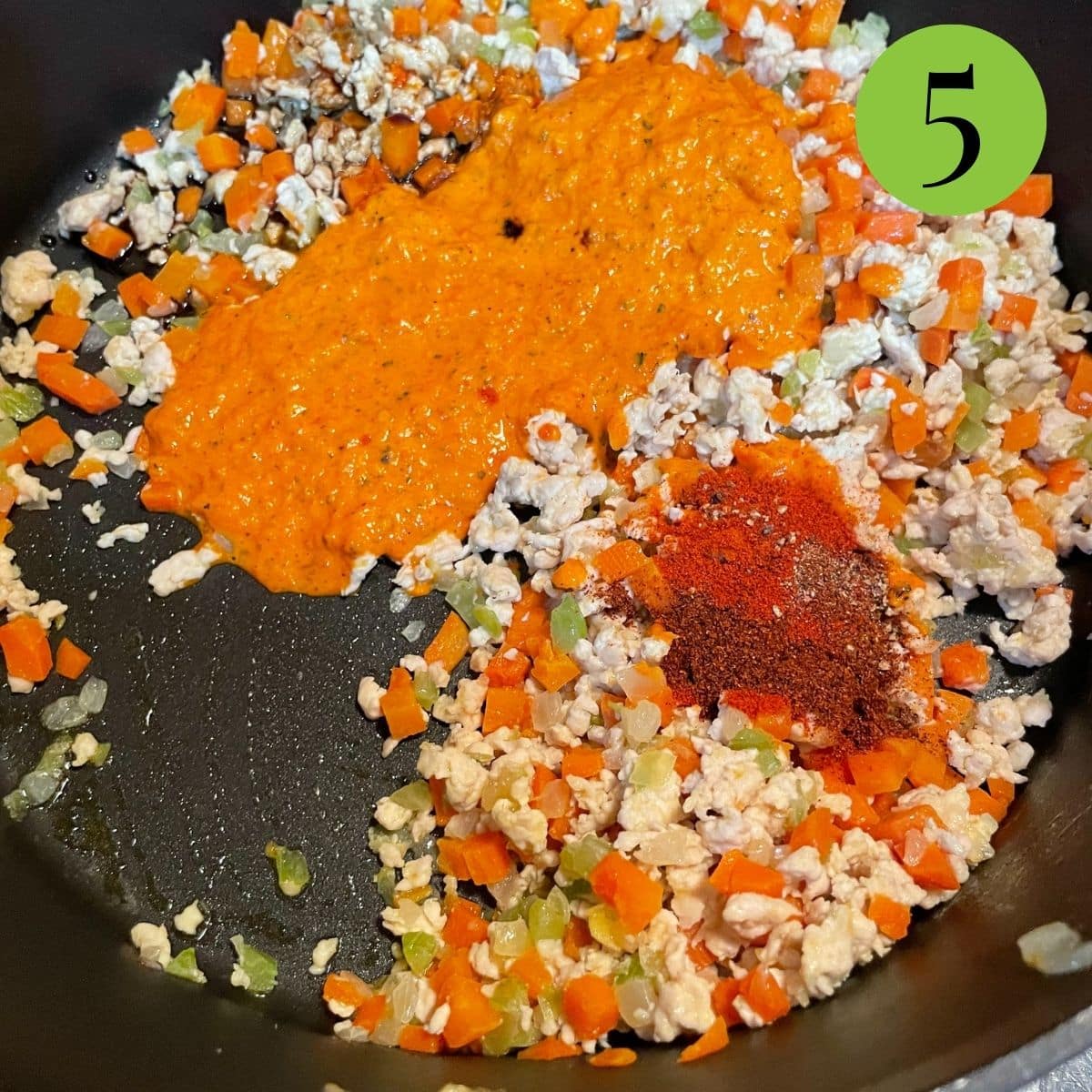 step 5 add seasoning and roasted red pepper sauce to turkey-cabbage rolls.