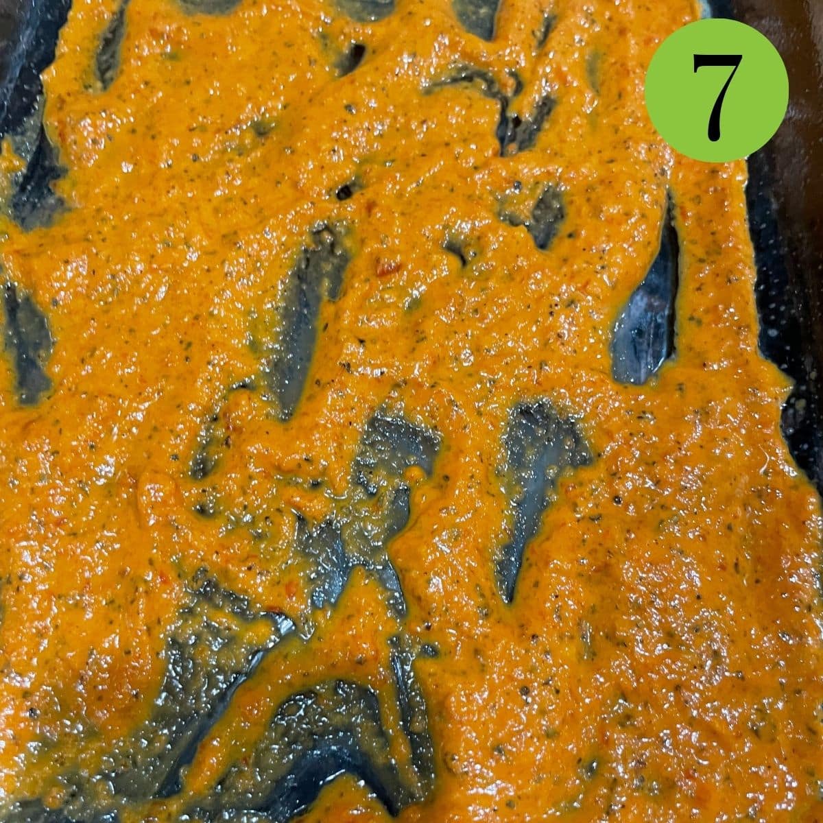 Step 7 Add roasted red pepper sauce to bottom of pan.