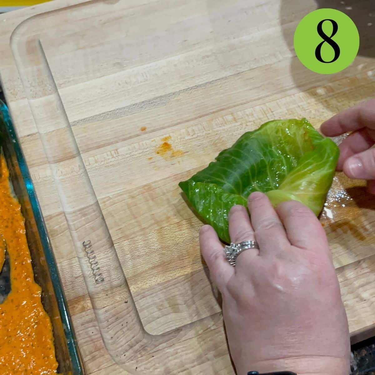 Step 8 make cabbage rolls and put into pan turkey cabbage rolls.