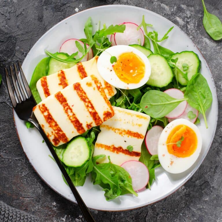 Healthy Ketogenic Paleo Meal, Grilled Halloumi with Lettuce, Radish, Cucumber, and Boiled Egg, Detox, Diet Lunch