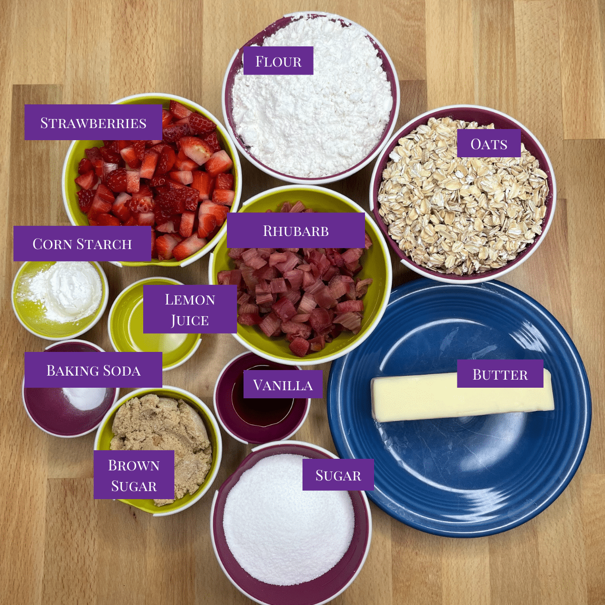 Close up of Strawberry Rhubarb Bars ingredients.