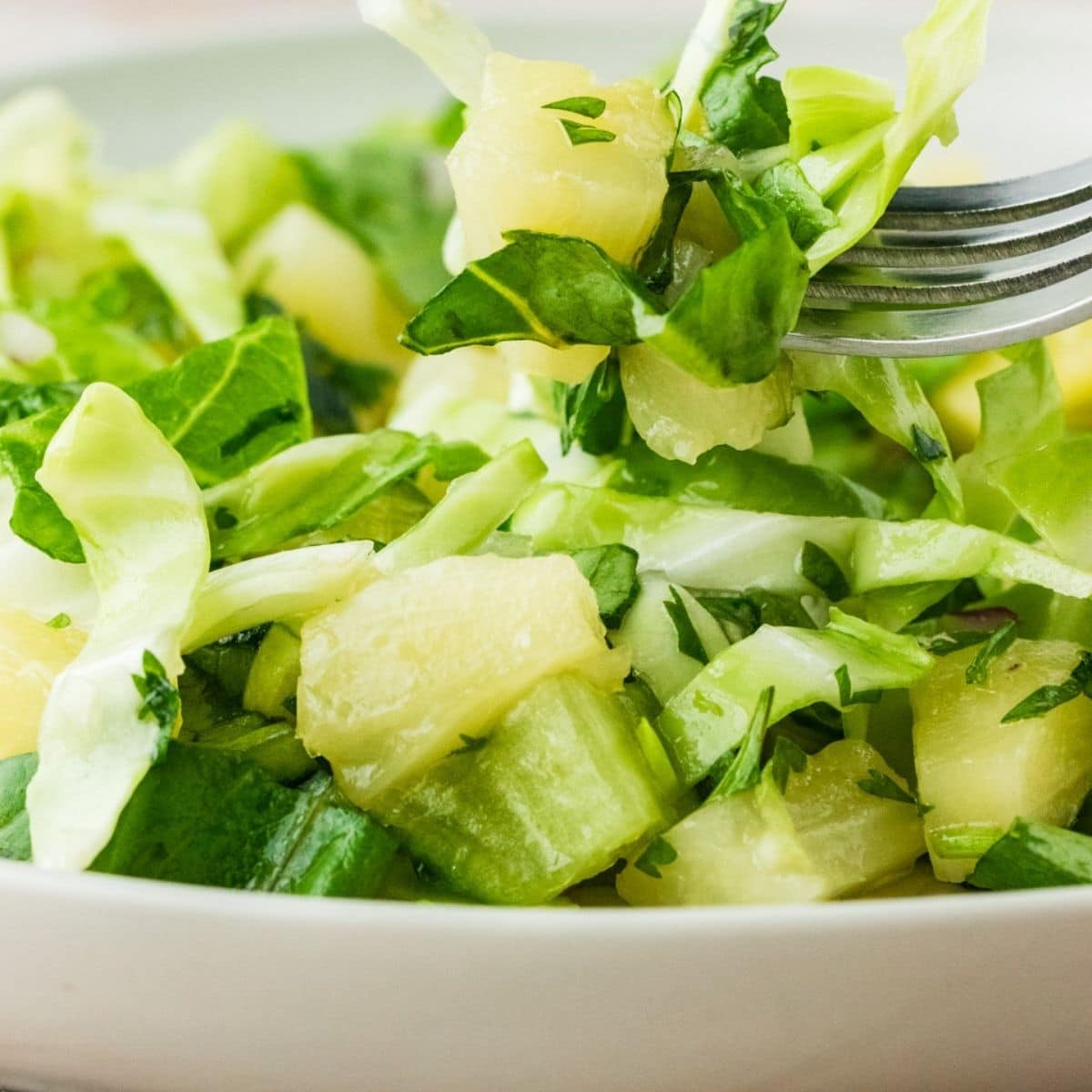 Tasty pineapples, arugula and cabbage with a dressing on a fork close up.