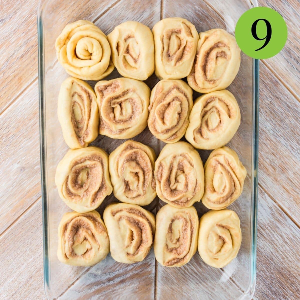 Pan of sliced cinnamon rolls ready for the oven