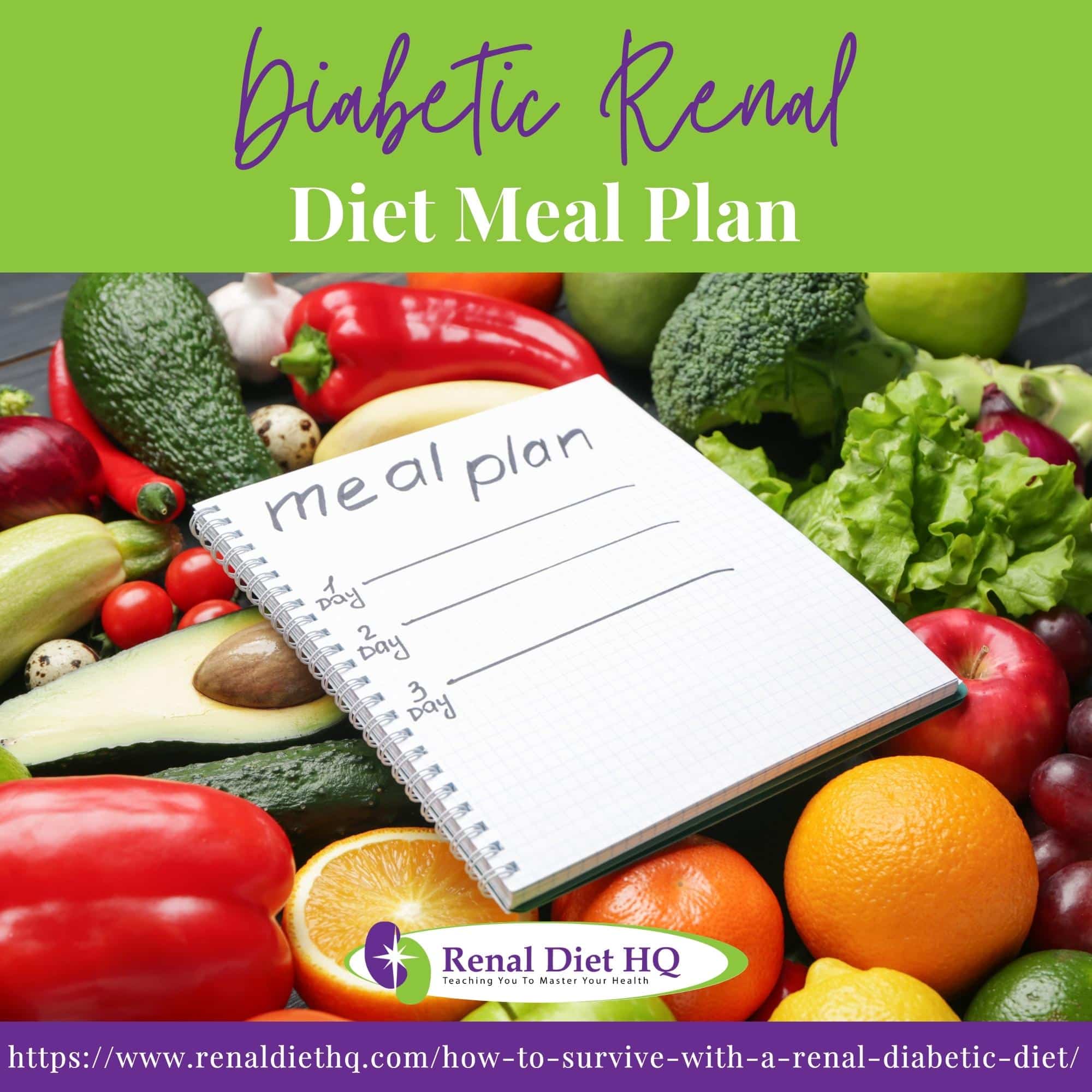 How To Survive With A Renal Diabetic Diet a meal plan notebook on top of fruits and vegetables.