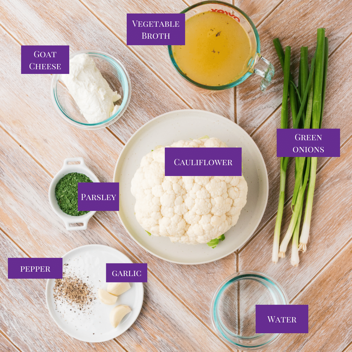 Ingredients needed to make Cauliflower Goat Cheese Soup 