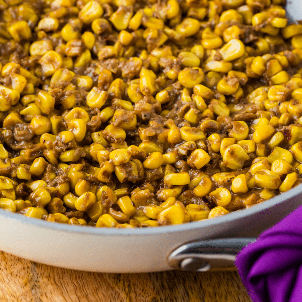Skillet corn in a pan ready to be eaten. 