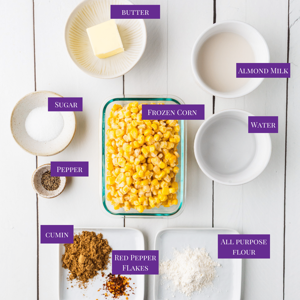Ingredients for Skillet Corn lined up on the counter to be made for those with CKD.