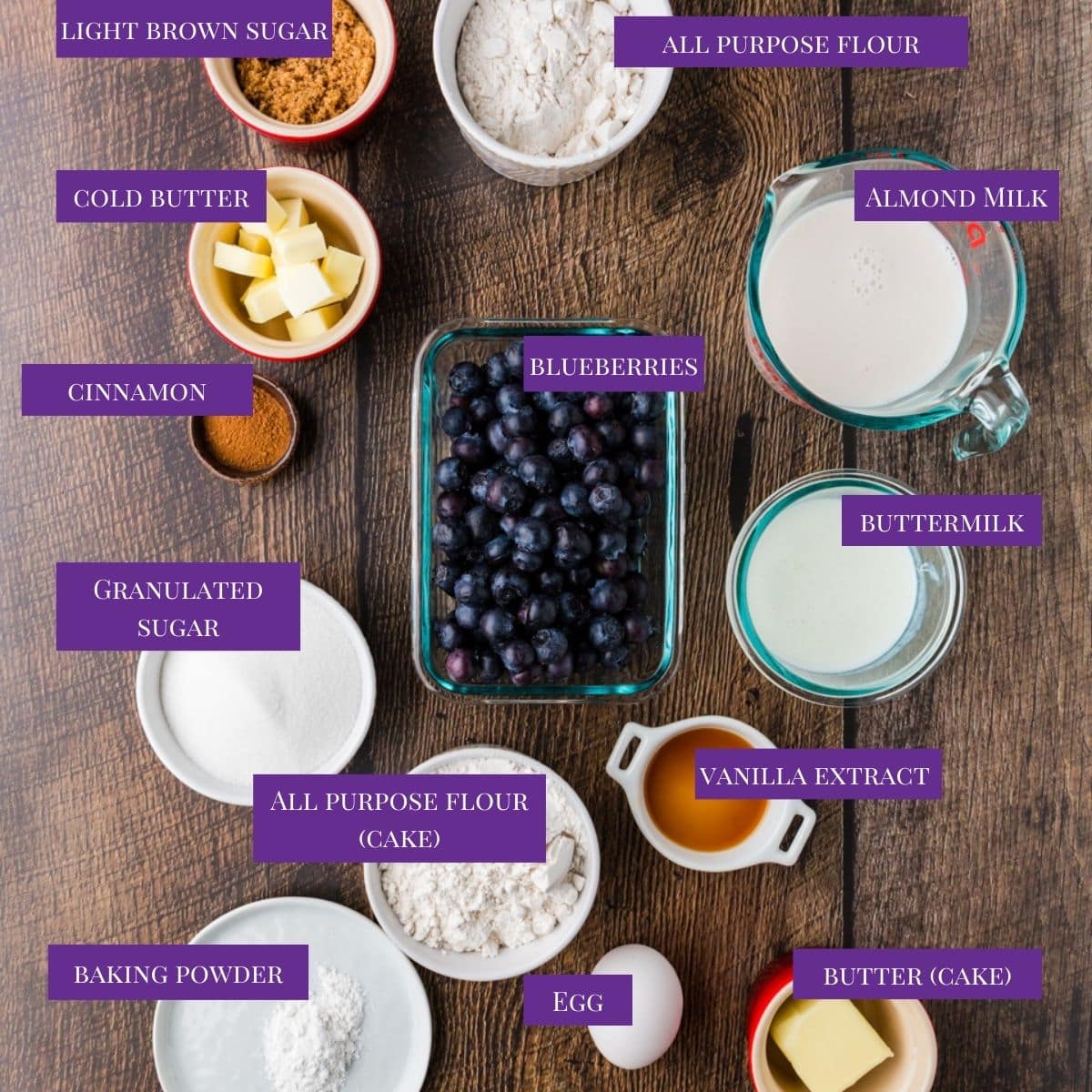 close up of Perfectly Done Blueberry Coffee Cake ingredients
