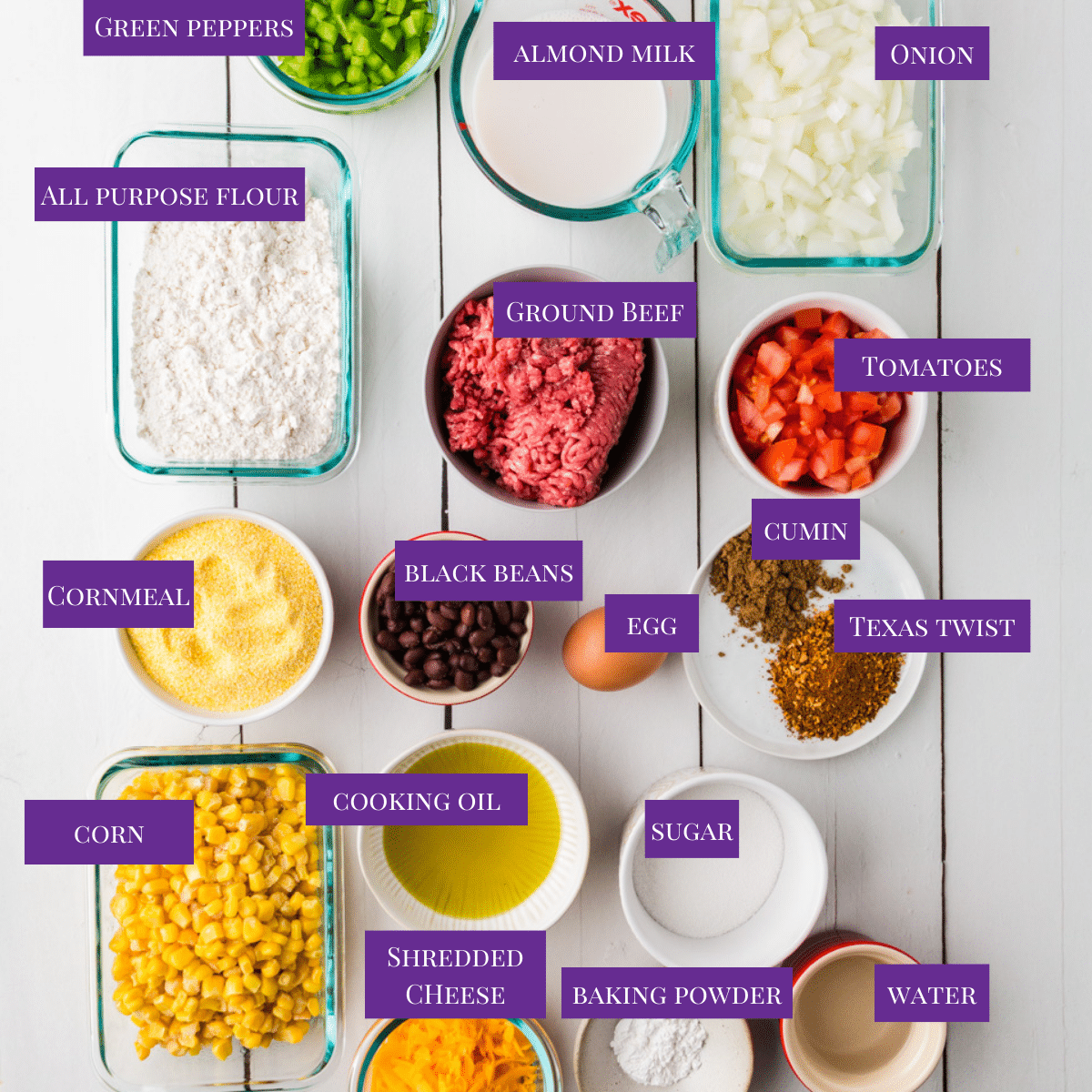 Ingredients for Cornbread Taco Bake laid out ready to be made. 