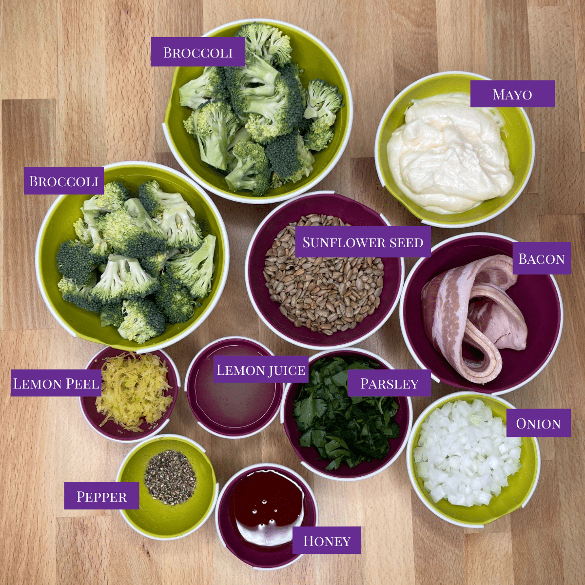 Close Up Of Creamy Broccoli Salad with-Bacon Ingredients
