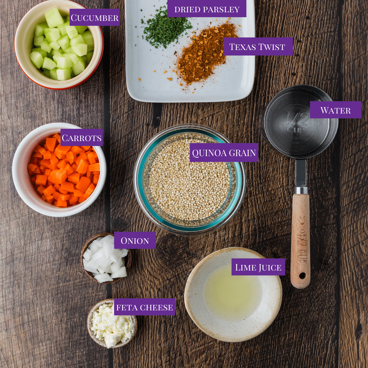 All of the ingredients for Mediterranean Inspired Quinoa Salad is laid out ready to be made. 