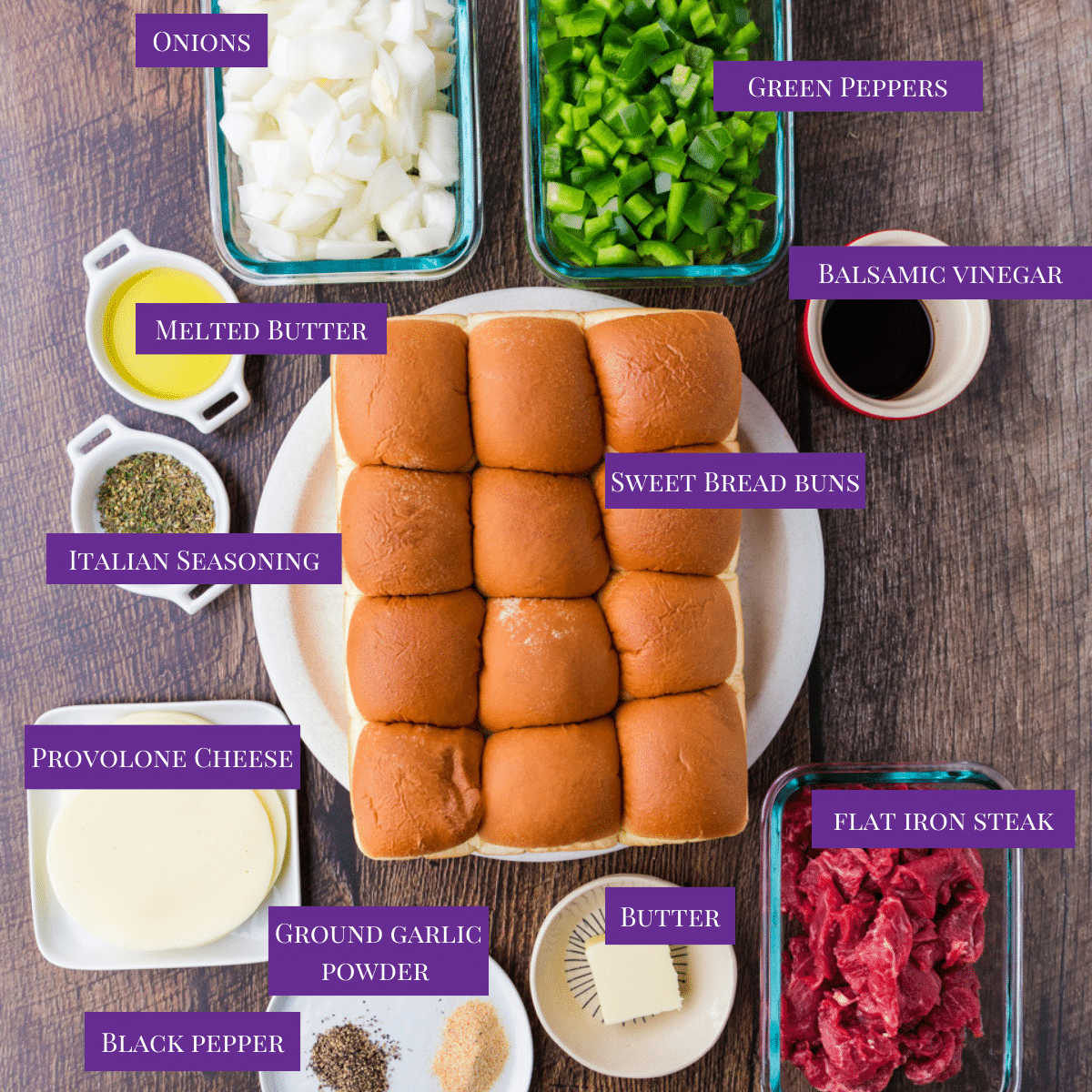 close up of Steak Sliders ingredients.