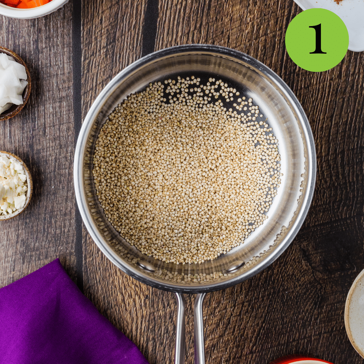 Quinoa in a pan ready to be cooked for a CKD recipe. 