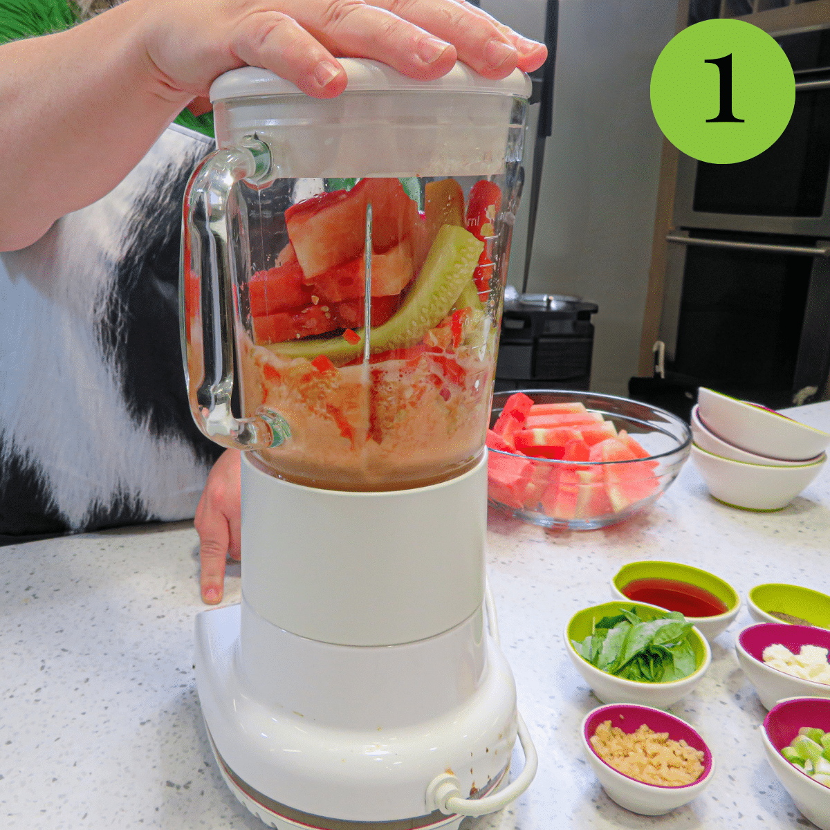 Ingredients for Watermelon Gazpacho in a blender. 