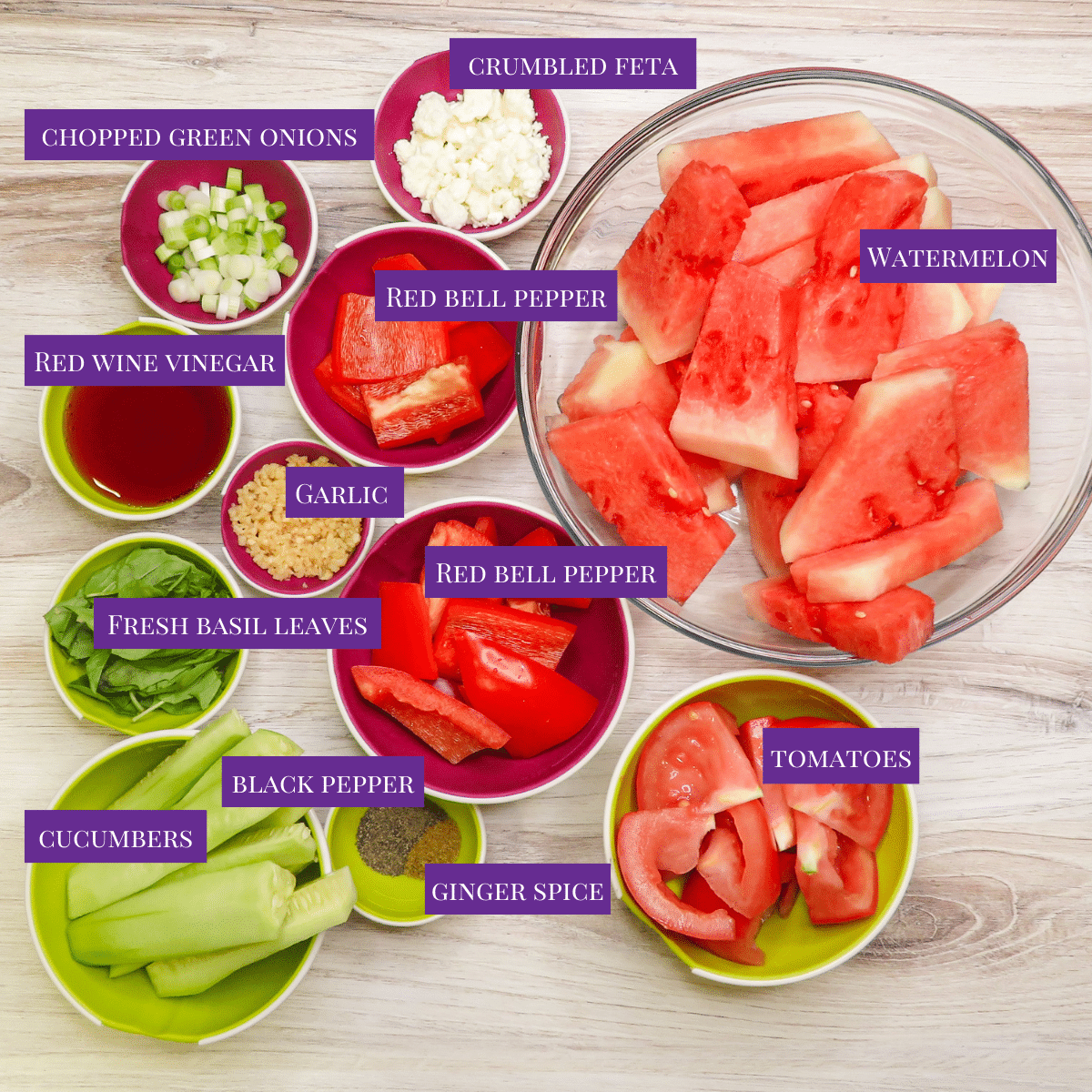 Ingredients for Watermelon Gazpacho laying out in individual bowls ready to be made. 