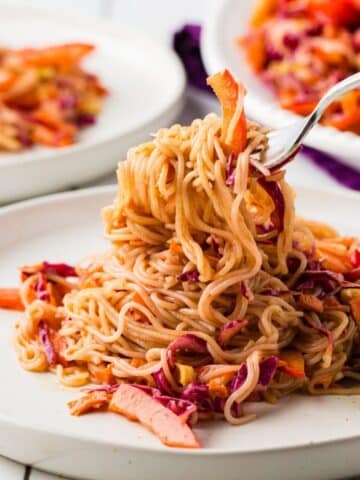 Cold Noodle Salad on an off white plate.