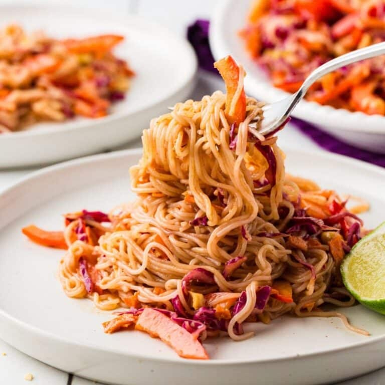 Cold Noodle Salad on an off white plate.