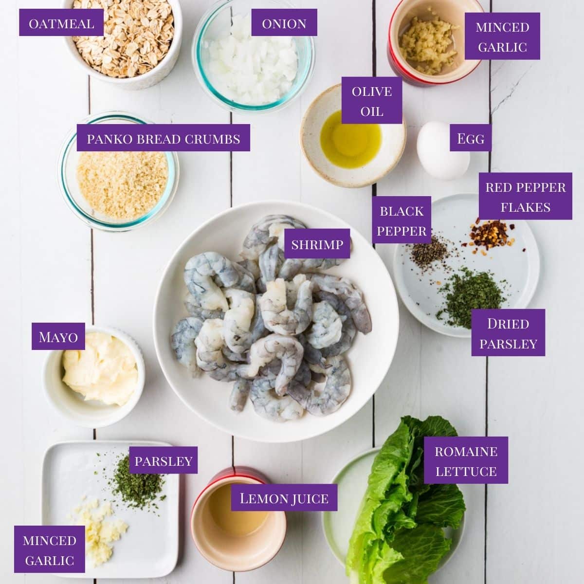close up of Shrimp Burgers ingredients.