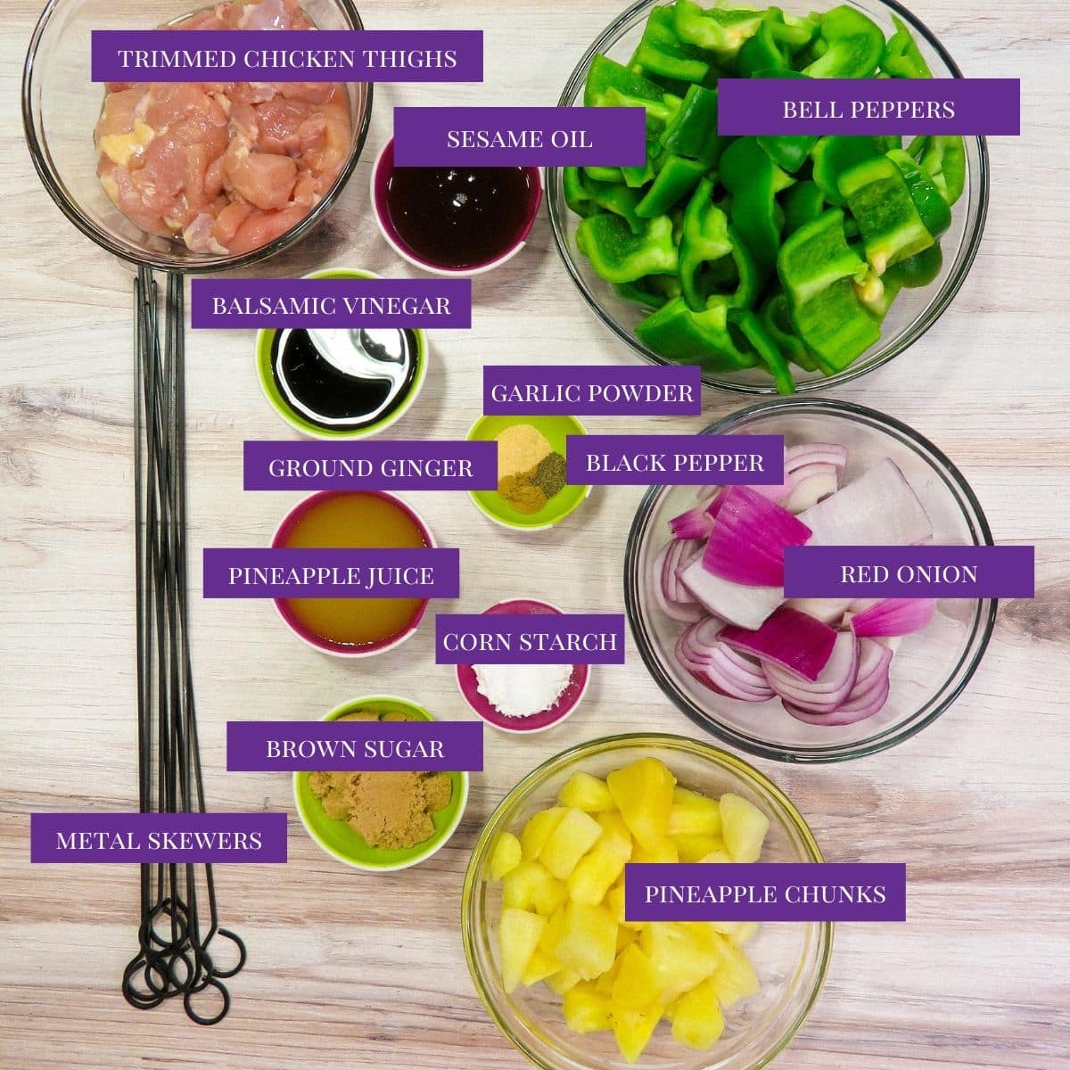 Close Up Of Hawaiian Chicken Kabobs ingredients